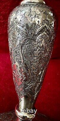 Antique Ornate Etched Pair 84 Silver Persian Signed Candlesticks Shabbat 645 Gr