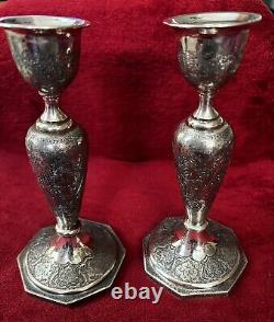 Antique Ornate Etched Pair 84 Silver Persian Signed Candlesticks Shabbat 645 Gr