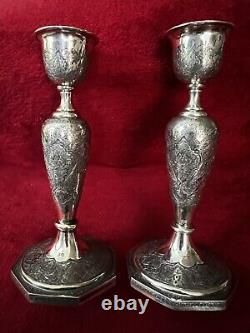 Antique Ornate Etched Pair 84 Silver Persian Signed Candlesticks Shabbat 645 Gr