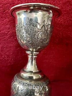 Antique Ornate Etched Pair 84 Silver Persian Signed Candlesticks Shabbat 645 Gr