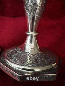 Antique Ornate Etched Pair 84 Silver Persian Signed Candlesticks Shabbat 645 Gr