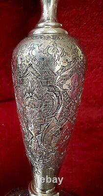 Antique Ornate Etched Pair 84 Silver Persian Signed Candlesticks Shabbat 645 Gr