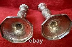 Antique Ornate Etched Pair 84 Silver Persian Signed Candlesticks Shabbat 645 Gr