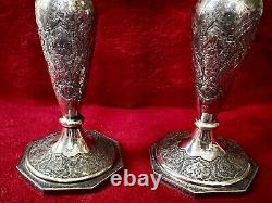 Antique Ornate Etched Pair 84 Silver Persian Signed Candlesticks Shabbat 645 Gr