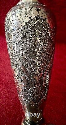 Antique Ornate Etched Pair 84 Silver Persian Signed Candlesticks Shabbat 645 Gr