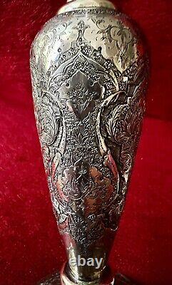 Antique Ornate Etched Pair 84 Silver Persian Signed Candlesticks Shabbat 645 Gr