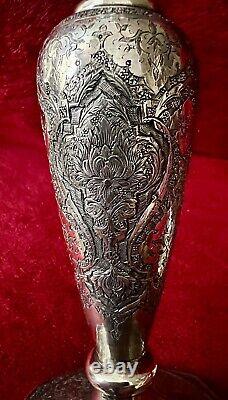 Antique Ornate Etched Pair 84 Silver Persian Signed Candlesticks Shabbat 645 Gr