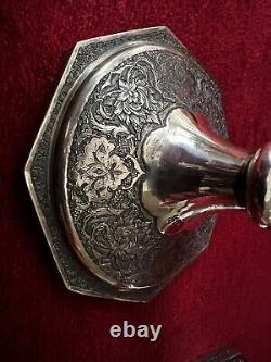 Antique Ornate Etched Pair 84 Silver Persian Signed Candlesticks Shabbat 645 Gr