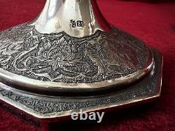 Antique Ornate Etched Pair 84 Silver Persian Signed Candlesticks Shabbat 645 Gr