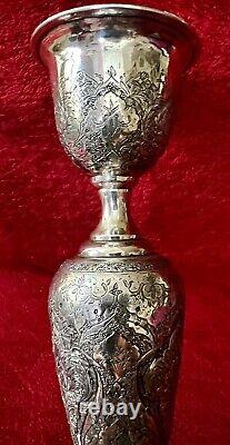 Antique Ornate Etched Pair 84 Silver Persian Signed Candlesticks Shabbat 645 Gr