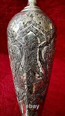 Antique Ornate Etched Pair 84 Silver Persian Signed Candlesticks Shabbat 645 Gr