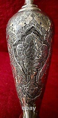 Antique Ornate Etched Pair 84 Silver Persian Signed Candlesticks Shabbat 645 Gr