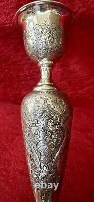 Antique Ornate Etched Pair 84 Silver Persian Signed Candlesticks Shabbat 645 Gr