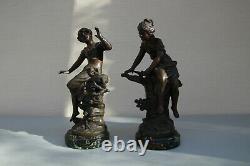 Antique PAIR Bronze Statues L F Moreau signed withmarble base PRINTEMPS & AUTOMNE