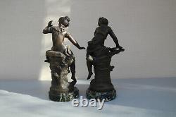 Antique PAIR Bronze Statues L F Moreau signed withmarble base PRINTEMPS & AUTOMNE