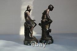 Antique PAIR Bronze Statues L F Moreau signed withmarble base PRINTEMPS & AUTOMNE