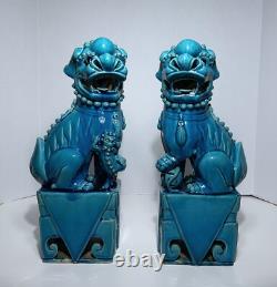 Antique PAIR CHINESE LATE QING REPUBLIC PERIOD 14 TURQUOISE PORCELAIN FOO DOGS
