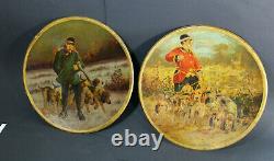 Antique PAIR Metal plates oil paintings by ALbert de Gesne hunting signed