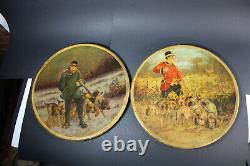 Antique PAIR Metal plates oil paintings by ALbert de Gesne hunting signed