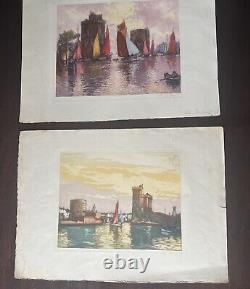 Antique PAIR Signed Print Sailboats La Rochelle Pair Beautiful Colors On Paper