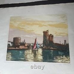 Antique PAIR Signed Print Sailboats La Rochelle Pair Beautiful Colors On Paper