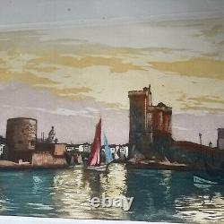 Antique PAIR Signed Print Sailboats La Rochelle Pair Beautiful Colors On Paper