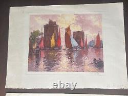 Antique PAIR Signed Print Sailboats La Rochelle Pair Beautiful Colors On Paper