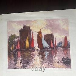 Antique PAIR Signed Print Sailboats La Rochelle Pair Beautiful Colors On Paper