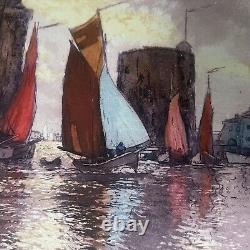 Antique PAIR Signed Print Sailboats La Rochelle Pair Beautiful Colors On Paper