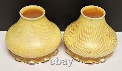 Antique PAIR Signed Steuben Pulled Feather Iridescent Glass Lamp Shades MINT