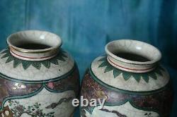 Antique PAIR of 1930's Japanese CRACKLE GLAZE vases Signed on Base