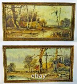 Antique Paintings, Oil On Canvas, Forest Landscapes, Signed, Pair, Set of Two