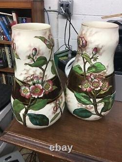 Antique Pair 16-1/2 Double Gourd Doulton Vases Hand Painted 1879 Signed