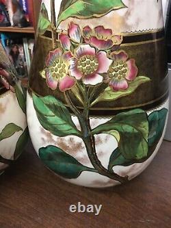 Antique Pair 16-1/2 Double Gourd Doulton Vases Hand Painted 1879 Signed