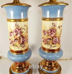 Antique Pair (2) Lamps Table Lamps Porcelain Hand Painted Flowers Signed Lapan