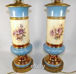 Antique Pair (2) Lamps Table Lamps Porcelain Hand Painted Flowers Signed Lapan