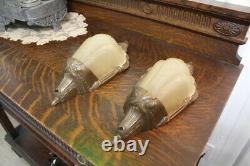 Antique Pair Art Deco Slip Shade Wall Sconce Glass Sign Electrolier Theater