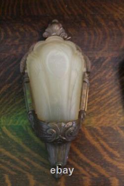 Antique Pair Art Deco Slip Shade Wall Sconce Glass Sign Electrolier Theater