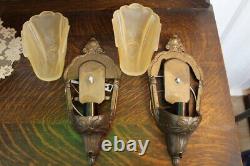 Antique Pair Art Deco Slip Shade Wall Sconce Glass Sign Electrolier Theater