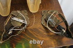 Antique Pair Art Deco Slip Shade Wall Sconce Glass Sign Electrolier Theater