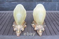 Antique Pair Art Deco Slip Shade Wall Sconce Glass Sign Theater