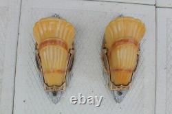 Antique Pair Art Deco Slip Shade Wall Sconce Sign Markel Glass Shade Theater