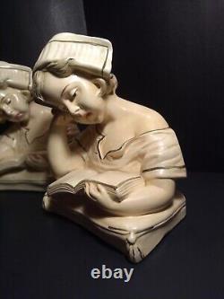 Antique Pair Artist Signed Vaerenbergh Nurse/Girl Plaster Art Nouveau Style Bust