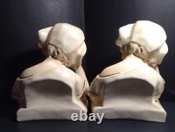 Antique Pair Artist Signed Vaerenbergh Nurse/Girl Plaster Art Nouveau Style Bust