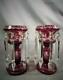 Antique Pair Bohemian Ruby Cut To Clear Mantle Lusters Marked Czechoslovakia