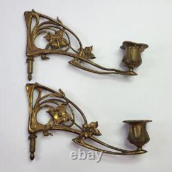 Antique Pair Bronze ART NOUVEAU Piano Sconces CANDLE HOLDERS Signed