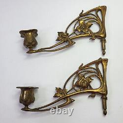 Antique Pair Bronze ART NOUVEAU Piano Sconces CANDLE HOLDERS Signed