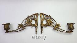 Antique Pair Bronze ART NOUVEAU Piano Sconces CANDLE HOLDERS Signed