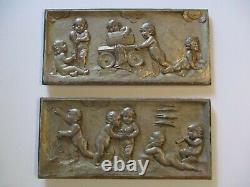 Antique Pair Carving Wood Panel Cupid Nude Cherrub Baby Wine Barrel Icon 1880's