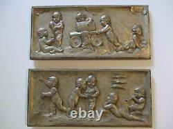 Antique Pair Carving Wood Panel Cupid Nude Cherrub Baby Wine Barrel Icon 1880's